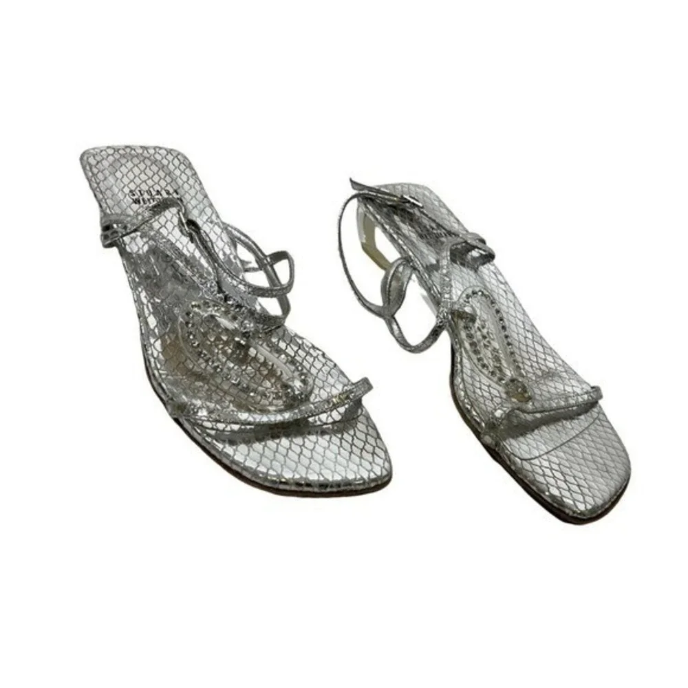 Stuart Weitzman Sandals Women 7.5 Silver Snakeskin Clear Heel Rhinestone Evening